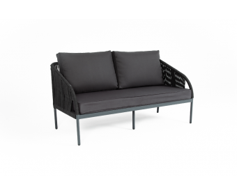 "Канны" диван 2-местный плетеный из роупа, каркас алюминий RAL7024, роуп темно-серый, ткань темно-серая