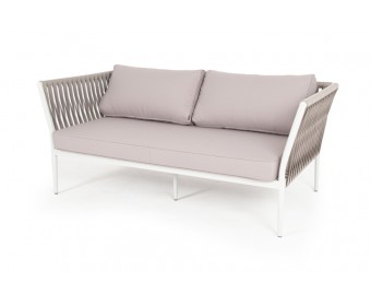 "Касабланка" диван 2-местный плетеный из роупа, каркас алюминий светло-серый (RAL7035) шагрень, роуп серо-коричневый 23мм, ткань бежевая инт?