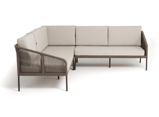 "Канны" диван модульный плетеный из роупа, каркас алюминий коричневый (RAL8016) муар, роуп коричневый круглый, ткань бежевая 15052 в Набережных Челнах