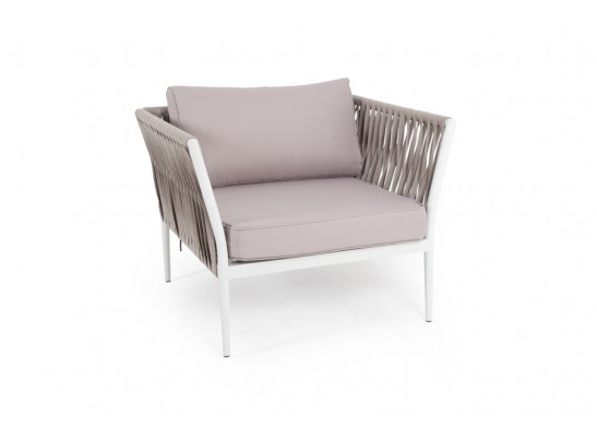 "Касабланка" кресло плетеное из роупа, каркас алюминий светло-серый (RAL7035) шагрень, роуп серо-коричневый 23мм, ткань Savana ivory в Набережных Челнах