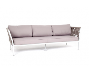 "Касабланка" диван 3-местный плетеный из роупа, каркас алюминий белый, роуп бежевый 20мм, ткань бежевая