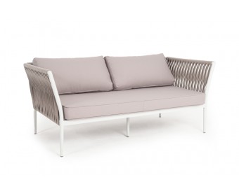 "Касабланка" диван 2-местный плетеный из роупа, каркас алюминий светло-серый (RAL7035) шагрень, роуп серо-коричневый 23мм, ткань бежевая инт?