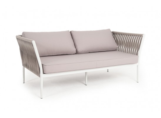 "Касабланка" диван 2-местный плетеный из роупа, каркас алюминий светло-серый (RAL7035) шагрень, роуп серо-коричневый 23мм, ткань бежевая инт? в Набережных Челнах