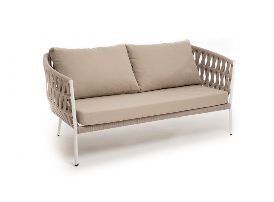 "Диего" диван 2-местный плетеный из роупа, каркас алюминий белый муар, роуп бежевый круглый, ткань бежевая 035 в Набережных Челнах