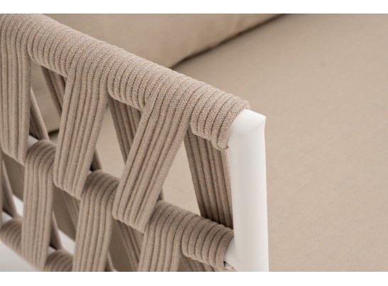 "Диего" диван 2-местный плетеный из роупа, каркас алюминий белый муар, роуп бежевый круглый, ткань бежевая 035 в Набережных Челнах
