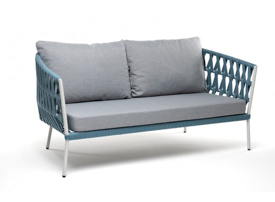 "Диего" диван 2-местный плетеный из роупа, каркас алюминий светло-серый (RAL7035) муар, роуп бирюзовый круглый, ткань светло-серая в Набережных Челнах