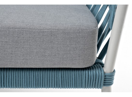 "Диего" диван 2-местный плетеный из роупа, каркас алюминий светло-серый (RAL7035) муар, роуп бирюзовый круглый, ткань светло-серая в Набережных Челнах