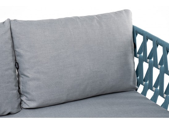 "Диего" диван 2-местный плетеный из роупа, каркас алюминий светло-серый (RAL7035) муар, роуп бирюзовый круглый, ткань светло-серая в Набережных Челнах