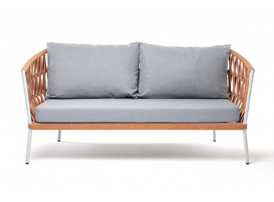 "Диего" диван 2-местный плетеный из роупа, каркас алюминий светло-серый (RAL7035) муар, роуп оранжевый меланж круглый, ткань светло-серая в Набережных Челнах "Диего" диван 2-местный плетеный из роупа, каркас алюминий светло-серый (RAL7035) муар, роуп оранжевый меланж круглый, ткань светло-серая в Набережных Челнах