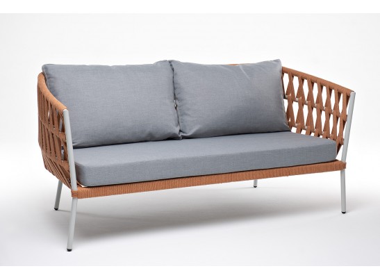 "Диего" диван 2-местный плетеный из роупа, каркас алюминий светло-серый (RAL7035) муар, роуп оранжевый меланж круглый, ткань светло-серая в Набережных Челнах "Диего" диван 2-местный плетеный из роупа, каркас алюминий светло-серый (RAL7035) муар, роуп оранжевый меланж круглый, ткань светло-серая в Набережных Челнах