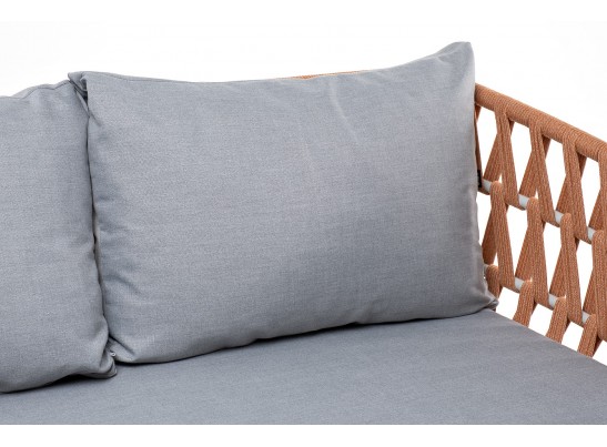 "Диего" диван 2-местный плетеный из роупа, каркас алюминий светло-серый (RAL7035) муар, роуп оранжевый меланж круглый, ткань светло-серая в Набережных Челнах "Диего" диван 2-местный плетеный из роупа, каркас алюминий светло-серый (RAL7035) муар, роуп оранжевый меланж круглый, ткань светло-серая в Набережных Челнах