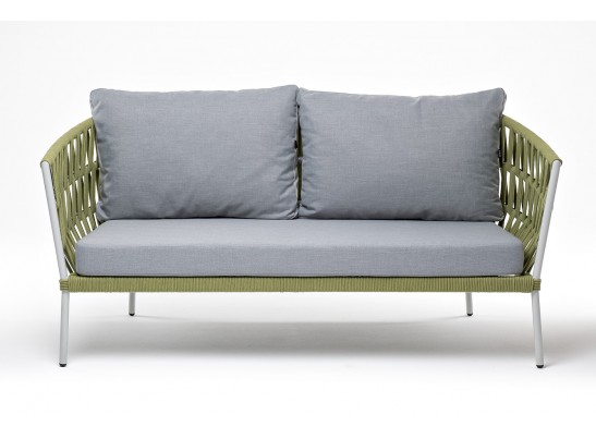 "Диего" диван 2-местный плетеный из роупа, каркас алюминий светло-серый (RAL7035) муар, роуп салатовый меланж круглый, ткань светло-серая в Набережных Челнах "Диего" диван 2-местный плетеный из роупа, каркас алюминий светло-серый (RAL7035) муар, роуп салатовый меланж круглый, ткань светло-серая в Набережных Челнах