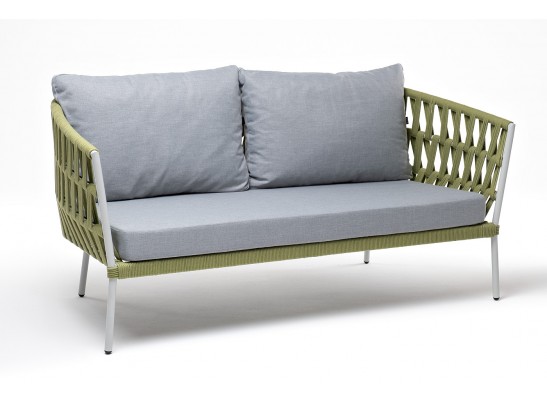 "Диего" диван 2-местный плетеный из роупа, каркас алюминий светло-серый (RAL7035) муар, роуп салатовый меланж круглый, ткань светло-серая в Набережных Челнах "Диего" диван 2-местный плетеный из роупа, каркас алюминий светло-серый (RAL7035) муар, роуп салатовый меланж круглый, ткань светло-серая в Набережных Челнах