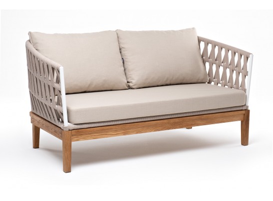 "Диего" диван 2-местный плетеный из роупа, основание дуб, каркас алюминий светло-серый (RAL7035) муар, роуп бежевый круглый, ткань бежевая 052 в Набережных Челнах