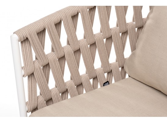 "Диего" диван 2-местный плетеный из роупа, основание дуб, каркас алюминий светло-серый (RAL7035) муар, роуп бежевый круглый, ткань бежевая 052 в Набережных Челнах