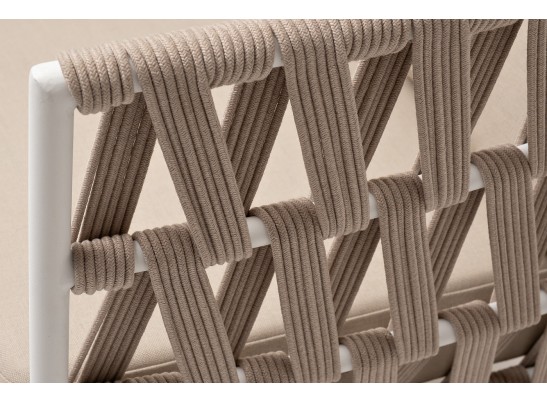 "Диего" диван 2-местный плетеный из роупа, основание дуб, каркас алюминий светло-серый (RAL7035) муар, роуп бежевый круглый, ткань бежевая 052 в Набережных Челнах