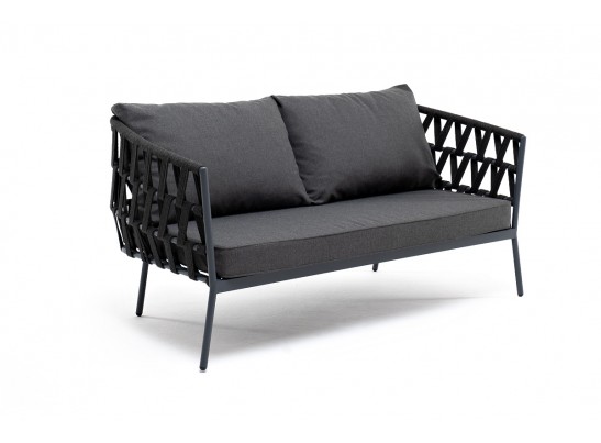 "Диего" диван 2-местный плетеный из роупа, каркас алюминий темно-серый (RAL7024) муар, роуп темно-серый круглый, ткань темно-серая 027 в Набережных Челнах "Диего" диван 2-местный плетеный из роупа, каркас алюминий темно-серый (RAL7024) муар, роуп темно-серый круглый, ткань темно-серая 027 в Набережных Челнах
