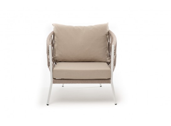 "Диего" кресло плетеное из роупа, каркас алюминий белый муар, роуп бежевый круглый, ткань бежевая 052 в Набережных Челнах