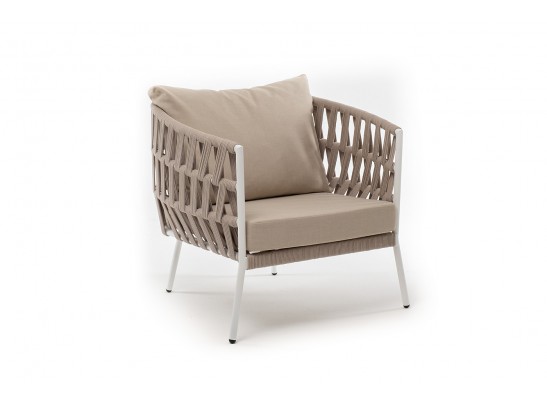 "Диего" кресло плетеное из роупа, каркас алюминий белый муар, роуп бежевый круглый, ткань бежевая 052 в Набережных Челнах