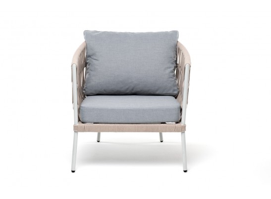 "Диего" кресло плетеное из роупа, каркас алюминий светло-серый (RAL7035) муар, роуп бежевый круглый, ткань светло-серая в Набережных Челнах