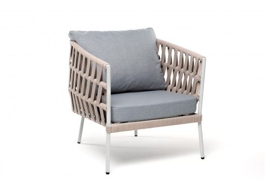 "Диего" кресло плетеное из роупа, каркас алюминий светло-серый (RAL7035) муар, роуп бежевый круглый, ткань светло-серая в Набережных Челнах