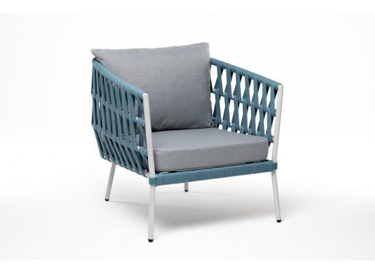 "Диего" кресло плетеное из роупа, каркас алюминий светло-серый (RAL7035) муар, роуп бирюзовый круглый, ткань светло-серая в Набережных Челнах