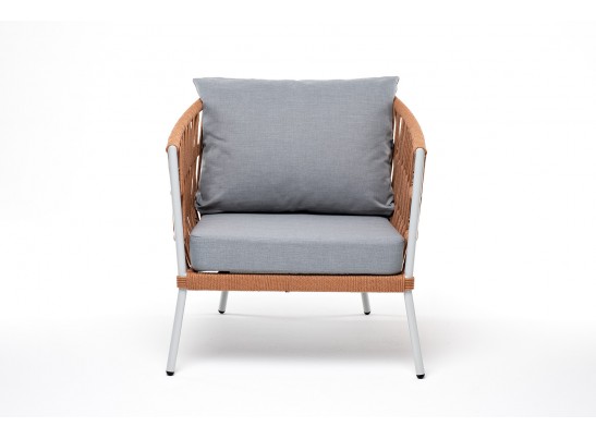 "Диего" кресло плетеное из роупа, каркас алюминий светло-серый (RAL7035) муар, роуп оранжевый меланж круглый, ткань светло-серая в Набережных Челнах