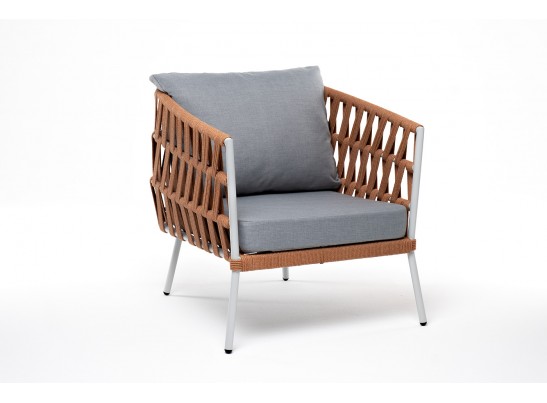 "Диего" кресло плетеное из роупа, каркас алюминий светло-серый (RAL7035) муар, роуп оранжевый меланж круглый, ткань светло-серая в Набережных Челнах