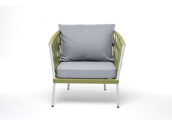 "Диего" кресло плетеное из роупа, каркас алюминий светло-серый (RAL7035) муар, роуп салатовый меланж круглый, ткань светло-серая в Набережных Челнах