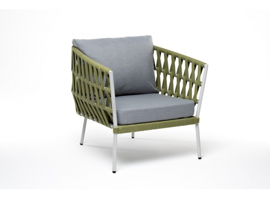 "Диего" кресло плетеное из роупа, каркас алюминий светло-серый (RAL7035) муар, роуп салатовый меланж круглый, ткань светло-серая в Набережных Челнах