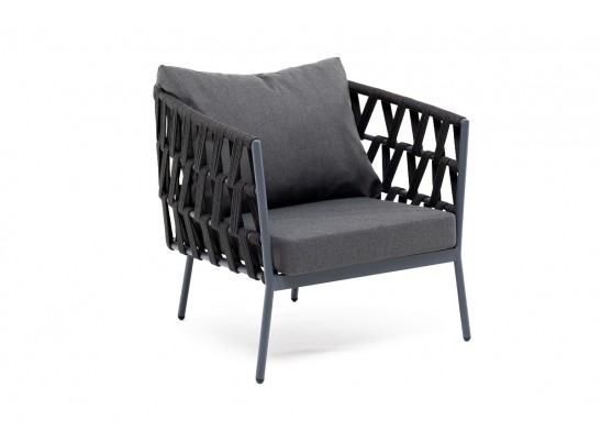 "Диего" кресло плетеное из роупа, каркас алюминий темно-серый (RAL7024) муар, роуп темно-серый круглый, ткань темно-серая 027 в Набережных Челнах