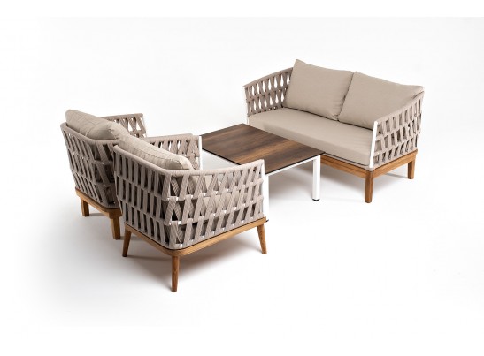 "Диего" лаунж-зона 4-местная плетеная из роупа со столиком "Канны" цвета "дуб", основание дуб, роуп бежевый в Набережных Челнах
