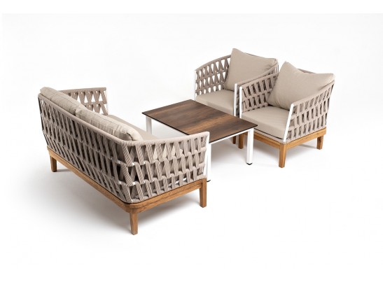 "Диего" лаунж-зона 4-местная плетеная из роупа со столиком "Канны" цвета "дуб", основание дуб, роуп бежевый в Набережных Челнах