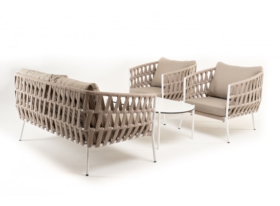 "Диего" лаунж-зона 4-местная плетеная из роупа (веревки), каркас алюминиевый белый, роуп бежевый в Набережных Челнах