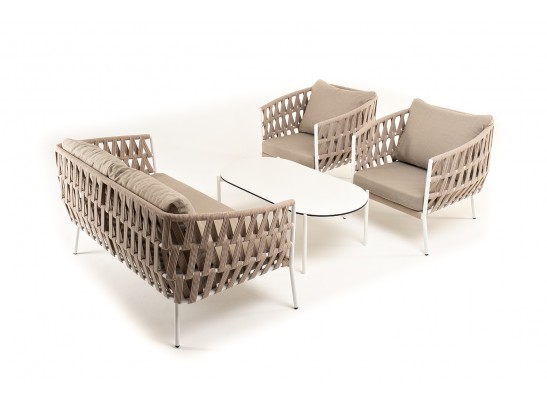 "Диего" лаунж-зона 4-местная плетеная из роупа (веревки), каркас алюминиевый белый, роуп бежевый в Набережных Челнах