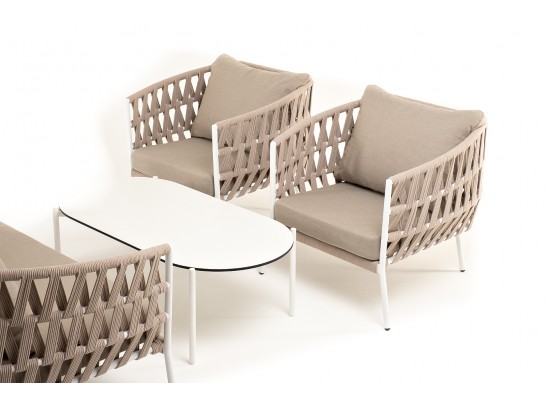 "Диего" лаунж-зона 4-местная плетеная из роупа (веревки), каркас алюминиевый белый, роуп бежевый в Набережных Челнах