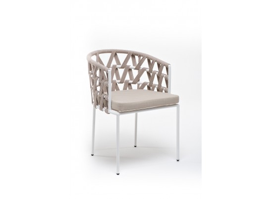 "Диего" стул плетеный из роупа, каркас из стали белый муар, роуп бежевый круглый, ткань бежевая 052 в Набережных Челнах