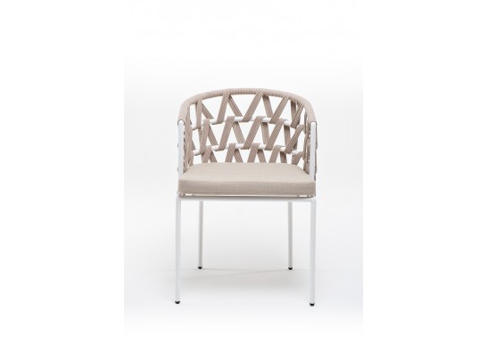 "Диего" стул плетеный из роупа, каркас из стали белый муар, роуп бежевый круглый, ткань бежевая 052 в Набережных Челнах