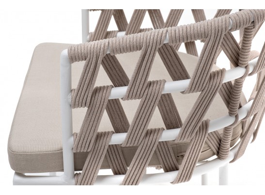 "Диего" стул плетеный из роупа, каркас из стали белый муар, роуп бежевый круглый, ткань бежевая 052 в Набережных Челнах