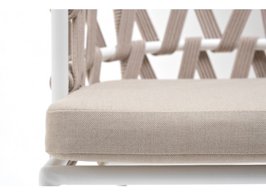 "Диего" стул плетеный из роупа, каркас из стали белый муар, роуп бежевый круглый, ткань бежевая 052 в Набережных Челнах