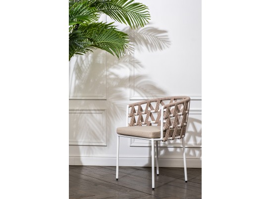 "Диего" стул плетеный из роупа, каркас из стали белый муар, роуп бежевый круглый, ткань бежевая 052 в Набережных Челнах