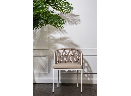 "Диего" стул плетеный из роупа, каркас из стали белый муар, роуп бежевый круглый, ткань бежевая 052 в Набережных Челнах