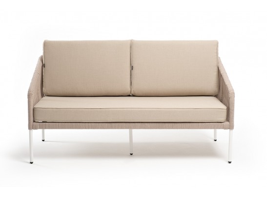 "Канны" диван 2-местный плетеный из роупа, каркас алюминий белый муар, роуп бежевый круглый, ткань бежевая 052 в Набережных Челнах "Канны" диван 2-местный плетеный из роупа, каркас алюминий белый муар, роуп бежевый круглый, ткань бежевая 052 в Набережных Челнах
