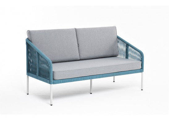 "Канны" диван 2-местный плетеный из роупа, каркас алюминий светло-серый (RAL7035) муар, роуп бирюзовый круглый, ткань светло-серая в Набережных Челнах