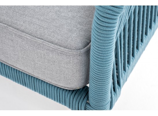 "Канны" диван 2-местный плетеный из роупа, каркас алюминий светло-серый (RAL7035) муар, роуп бирюзовый круглый, ткань светло-серая в Набережных Челнах