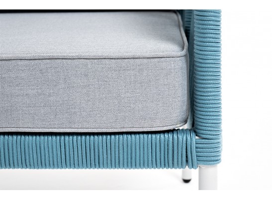 "Канны" диван 2-местный плетеный из роупа, каркас алюминий светло-серый (RAL7035) муар, роуп бирюзовый круглый, ткань светло-серая в Набережных Челнах