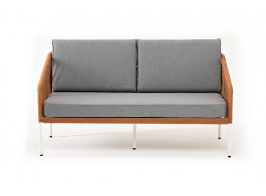 "Канны" диван 2-местный плетеный из роупа, каркас алюминий светло-серый (RAL7035) муар, роуп оранжевый меланж круглый, ткань светло-серая в Набережных Челнах