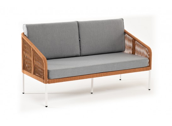 "Канны" диван 2-местный плетеный из роупа, каркас алюминий светло-серый (RAL7035) муар, роуп оранжевый меланж круглый, ткань светло-серая в Набережных Челнах
