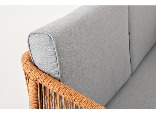 "Канны" диван 2-местный плетеный из роупа, каркас алюминий светло-серый (RAL7035) муар, роуп оранжевый меланж круглый, ткань светло-серая в Набережных Челнах