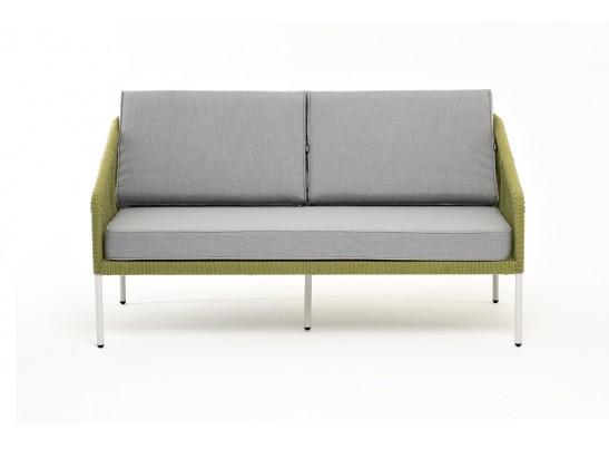 "Канны" диван 2-местный плетеный из роупа, каркас алюминий светло-серый (RAL7035) муар, роуп салатовый меланж круглый, ткань светло-серая в Набережных Челнах